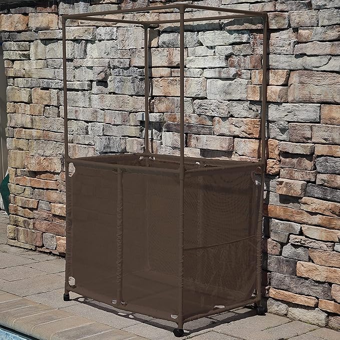 Pool Equipment Holder with Towel Drying Bars, Mesh Rolling Multi Use Storage Organizer Bin, Large Towel Hanger (25" L x 34.5" W x 62.6" H), Brown