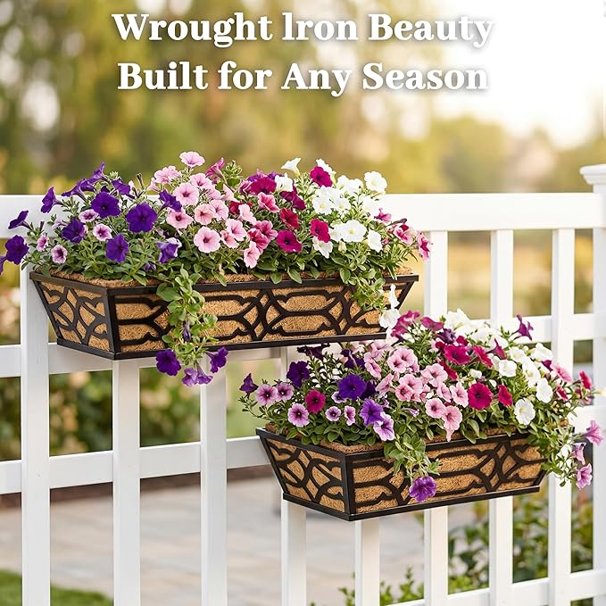 2 Pack 30 Inch Railing Planter Boxes with Coco Liner, Large Metal Window Boxes Planters for Deck Railing, Extra Wide Hanging Horse Trough for Outdoor Plants and Balcony Rails