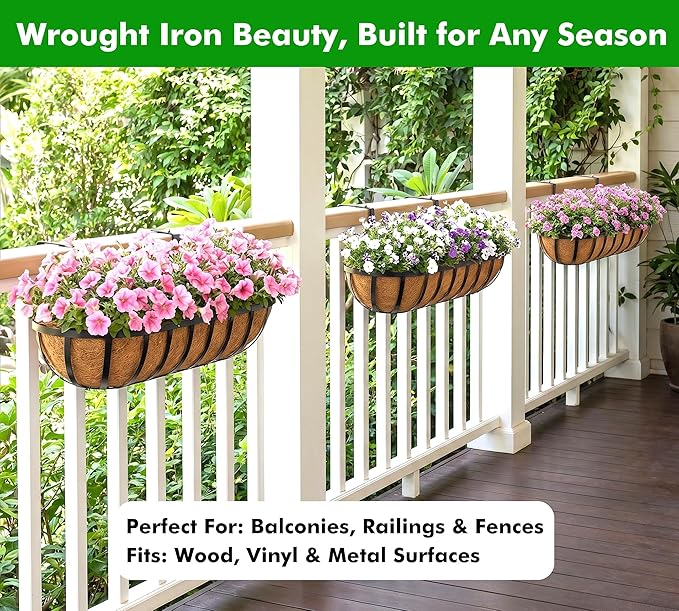 30 Inch Window Deck with Coco Liner, 30" Window Boxes Horse Trough with Coconut Coir Liner, Fence Metal Hanging Flower Planter Window Basket Deck Railing Planter Boxes for Outdoor Garden Lawn, 2pcs