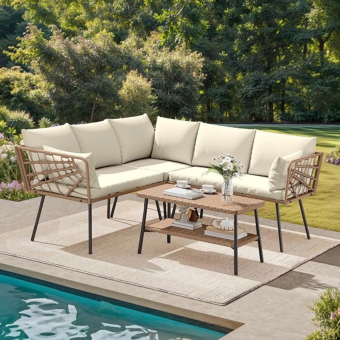 DWVO Outdoor Sectional Sofa 4 Piece 5-Seater Rattan Patio Furniture Set with 2-Tier Coffee Table&Cushions L Shape Couch Boho Conversation Sets for Garden Porch Backyard Relaxation