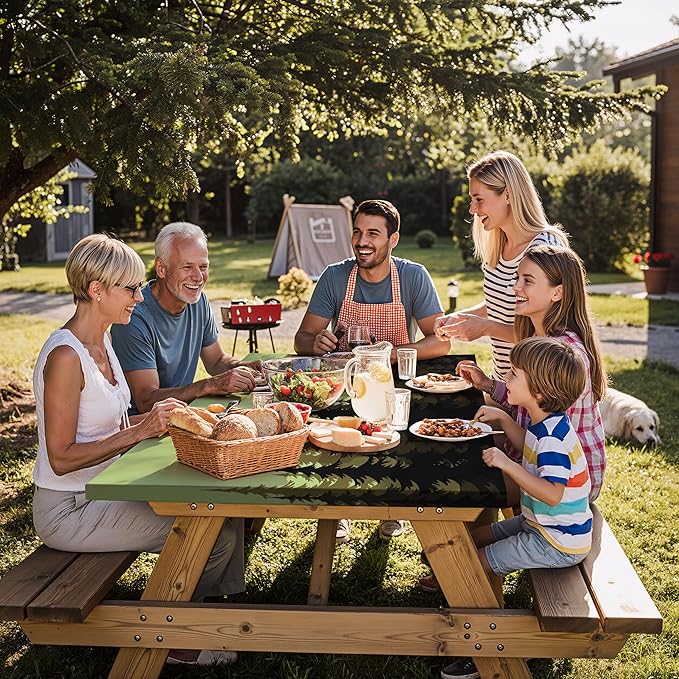 Fitted Waterproof Picnic Table Cover with Bench Covers Elastic 96×30In 3 Piece Camping Table Cloth for 8Ft Rectangle Tables Outdoor Camper Gifts Supplies Patio Rv Traveling Hiking Must Haves