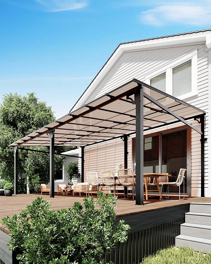 GarveeLife 12 ft x20 ft Upgraded Lean-to Wall-Mounted Gazebo | 6 mm Polycarbonate Roof & Reinforced Aluminum Frame | All-Weather Hardtop Pergola for Patio, Deck, Backyard