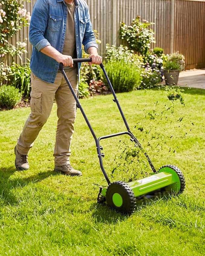 Push Reel Lawn Mower, 16 Inch 5-Blade Manual Reel Lawn Mower, Walk-Behind Lawn Mower with Adjustable Cutting Height, Green