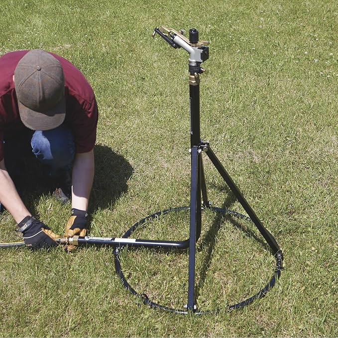 Strongway Tripod Sprinkler with Round Base, 1 in. Brass Head with 3 Nozzles, 120 Ft. Diameter Coverage, 11000 Sq. Ft., 7-14 GPM, Adjustable Full and Partial Circle, for Lawn, Farm and Garden