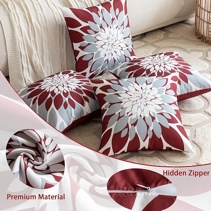 Qahing Pack of 4 Outdoor Waterproof Pillow Covers 24x24 Decorative Outdoor Throw Pillows Garden Square Cushion Cases for Patio Furniture, Couch, Tent Sunbrella, Bench, Burgundy Red Grey