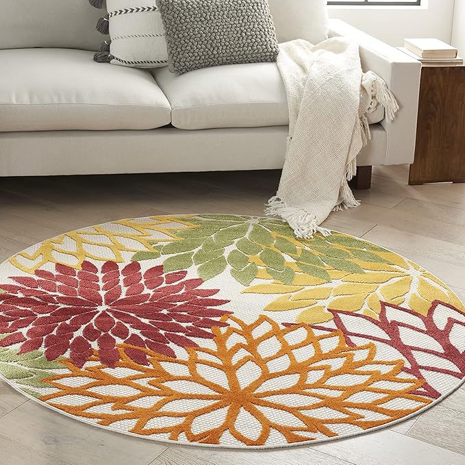 Nourison Home Aloha Indoor/Outdoor Red Multi Colored 5'3" x Round Area Rug, Tropical, Botanical, Easy Cleaning, Non Shedding, Bed Room, Living Room, Dining Room, Deck, Backyard, Patio (5 Round)