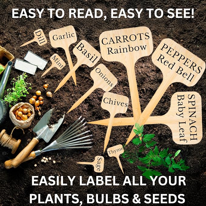 25 Pack 8" Tall Plant Labels Garden Markers Plant Name Tags for Flowers, Herbs, Vegatables, Seeds, Bulbs Larger Writing Area with Full Size Marker Great Holiday Gift