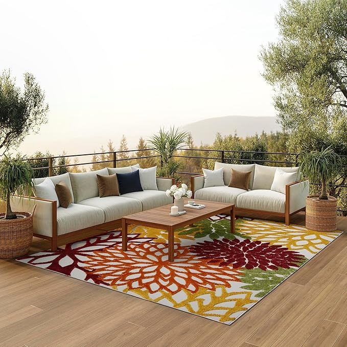 Nourison Home Aloha Indoor/Outdoor Red Multi Colored 7'10" x 10'6" Area Rug, Tropical, Botanical, Easy Cleaning, Non Shedding, Bed Room, Living Room, Dining Room, Deck, Backyard, Patio (8x10)