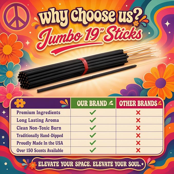 Black Coconut Exotic Incense Sticks Jumbo 19 Inch Long - Bulk 1 Bundle 27 to 30 Sticks - Natural 19" Extra Large with A Smooth Aroma That Burns for 3 to 4 Hours Each.