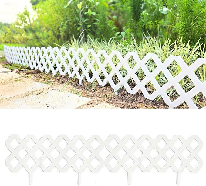 LaLaGreen Garden Edging Border (23x8.5 Inch, 10 Pack) White Plastic Fence Panels, Landscape Edging for Yard Lawn Patio Pathways Trees, Decorative Flower Bed Borders Outdoor Style Decor