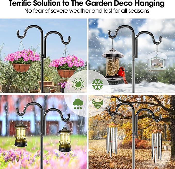 Double Shepherds Hooks for Outdoor, 92" Heavy Duty Bird Feeder Pole with 5 Prong Base, Adjustable Shepherds Hook for Bird feeders Outside, Garden, Weddings, Hanging Plants, 1 Pack, Black