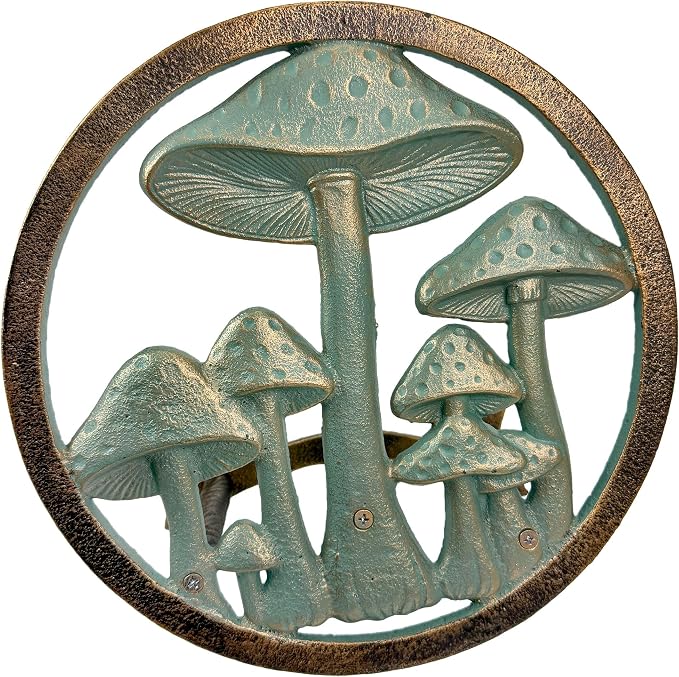 Zeckos 11.75 Inch Cast Iron Mushroom Garden Hose Holder, Verdigris and Bronze Outdoor Hose Hanger with Matching Hardware for Porch, Patio, Fence or Yard Wall Decor and Garden Hose Storage