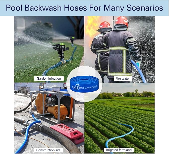 2" x 50FT Pool Backwash Hose, Heavy-Duty Pool Hose, Lay Flat Discharge Hose, Durable Burst Resistant, Pool Filter Pump Water Drainage, Sump Pump Discharge, with 2 Clamps