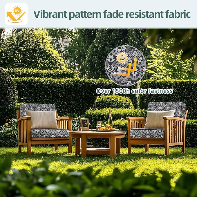 Favoyard Deep Seat Patio Cushion 22 x 22 x 3 in Waterproof Seat & Back Cushion Set with Color Fade Resisitant Pattern, Portable Handle, Attach Straps, Zipper on Removable Cover for Outdoor Furniture