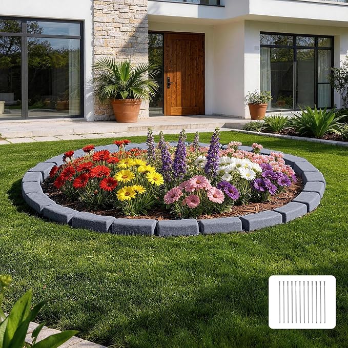 VEVOR Faux Stone Landscape Edging, 15.5 ft Kit, No Dig Garden Edging Border, Blocks for Lawn, Flower Beds, Yards, 4 Pack Each Section Has 6 Bricks 46.46"L x 3.74"W x 2.24"H, 12 Spikes & End Cap, Gray
