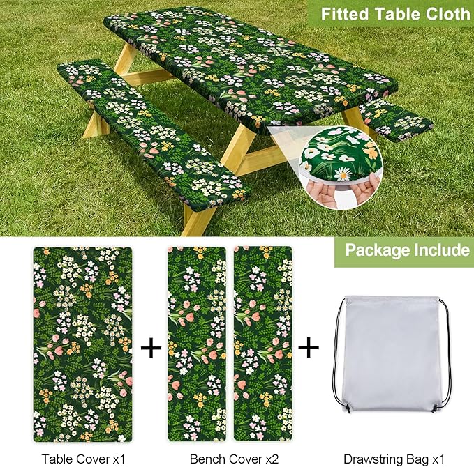 Play Tailor Picnic Table Cover with Bench Covers Camping Essentials Waterproof Windproof Camping Tablecloth with Drawstring Bag, Fitted Rectangle Tables and Seats, 72in, Green Pink