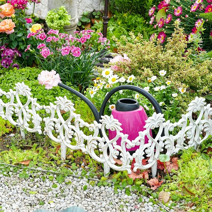 Sungmor Decorative Cast Iron Garden Edging,4 Pack Vintage Garden Border Fence for Lawn, Flower Beds and Patio,Heavy Duty Rustic Ornate Metal Fences,White Finish