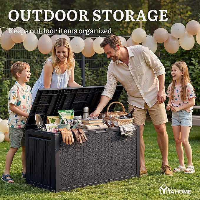 YITAHOME 90 Gallon Outdoor Storage Deck Box, Waterproof Resin Deck Box w/Handles, Lockable Outdside Deck Box for Patio Furniture, Garden Tools, Lockable & UV Resistant(Black)