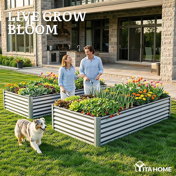 YITAHOME 8x4x1.5ft 2pcs Large Raised Garden Bed Kit, Galvanized Metal Planter Box with Gloves, Outdoor Above Ground Planters for Plants Vegetables Flowers, Silver Gray