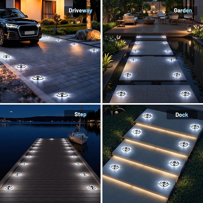 Solar Driveway Lights, 2 Pack Heavy Duty Driveway Lights Solar Powered 2 Color Mode (Cool/Warm White) IP68 Waterproof Outdoor Solar Deck Lights with Ground Stake for Pathway Garden Yard Walkway Dock