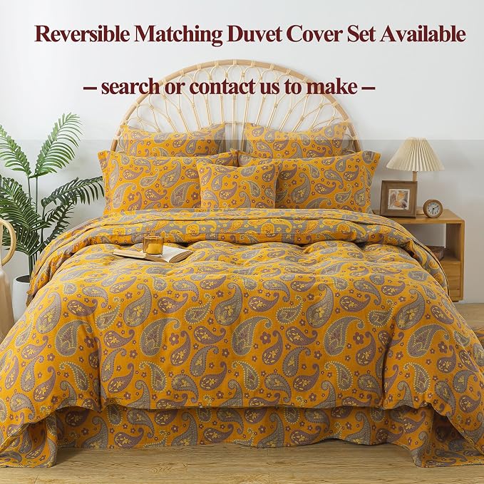 FADFAY Paisley Sheets Set King Vintage Yellow Grey Floral Bedding Shabby Farmhouse Bedding Super Soft Washed Double -Layer Muslin Sheets Luxury 100% Cotton Deep Pocket Fitted Sheet 4Pcs, King Size