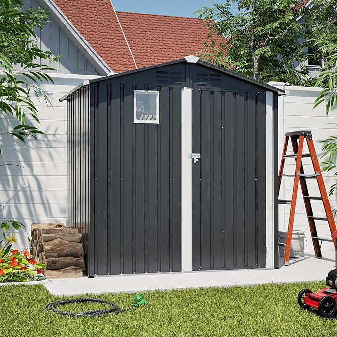 YOPTO 6x4 FT Outdoor Storage Shed,Metal Shed with Window,Garden Shed W/Dual Air Vents & Lockable Sliding Door,All Weather Waterproof Tool House W/Sloped Roof,for Patio,Yard,Lawn,Black