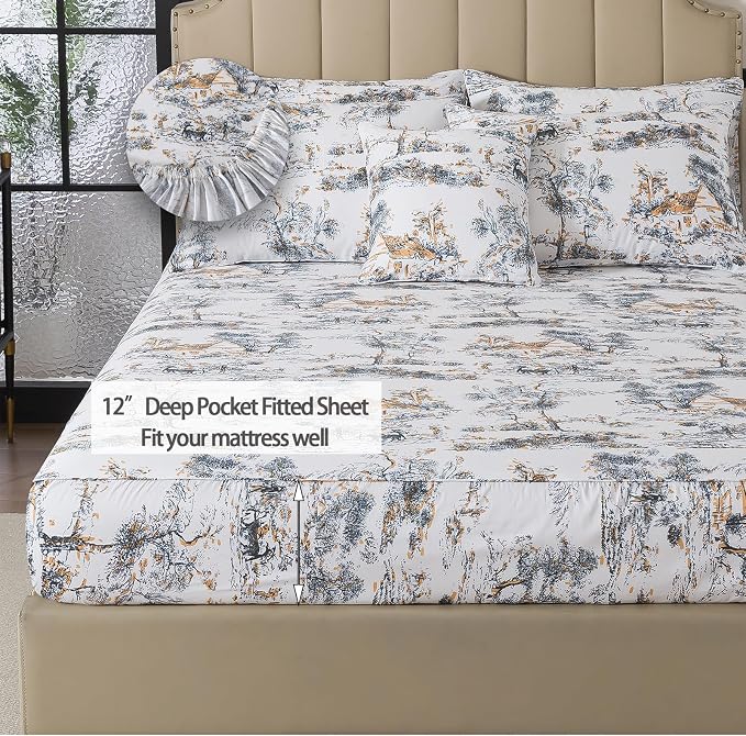 FADFAY Twin XL Toile Sheets Set Dorm Room Essential Bedding 100% Egyptian Cotton Soft Breathable Sheet Classic Black and Gold French Country Vintage Farmhouse Sheet Extra Long for College Bedding 4Pc