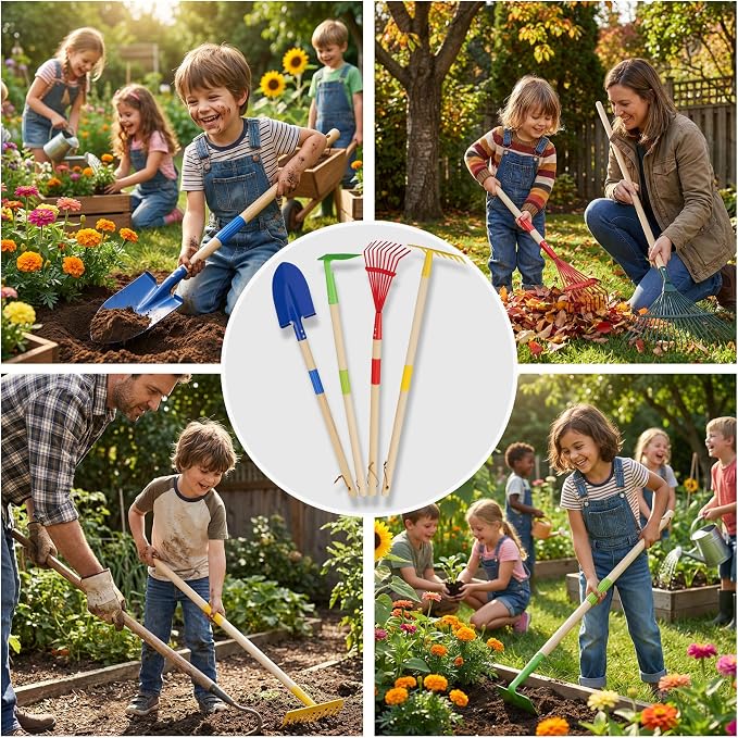 4-Piece Garden Tool Set with Shovel, Rake, Hoe, Leaf Rake - 2 Pairs of Gloves & 2 Storage Bags, Wooden Gardening Tools for Yard & Lawn Care