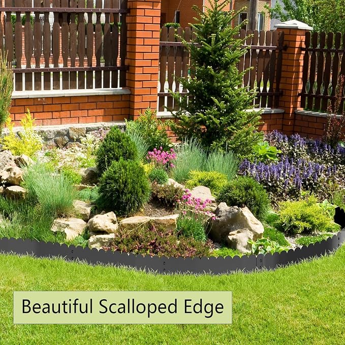 Black Steel Landscape Edging 20FT Kit – Metal Garden Edging with Scalloped Design, 10 Inch Galvanized Lawn Edging for Raised Garden Beds & Flower Bed Borders