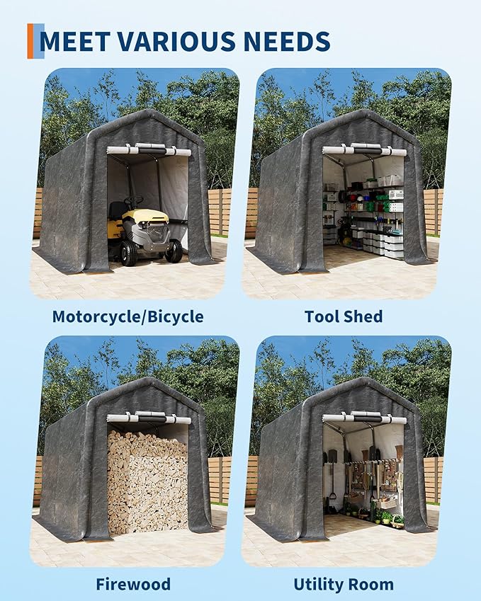 GarveeLife 7x10 ft Outdoor Portable Storage Shed with Roll-Up Door & Vent, 240G Heavy-Duty Shelter Waterproof PE Tarp, UV-Resistant Storage Sheds for Motorcycle, Firewood, Garden and Tools -Gray