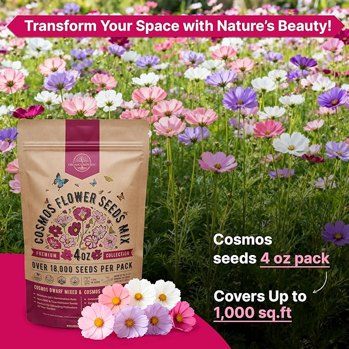 Cosmos Flower Seeds Pack 4 oz - 18,000 Non-GMO Heirloom Annual Seeds for Planting Indoor & Outdoor Gardening, Flower Seed for Garden in Resealable Packet, Floral Mix for Pollinators Perennial Mix