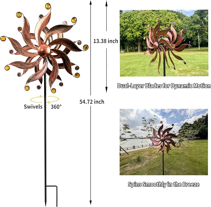 Wind Spinners Outdoor, Willow Leaf Double-Sided 360° Kinetic Wind Spinner with Acrylic Beads and Stake, Metal Garden Yard Decor (13.3" Dia x 54" H)