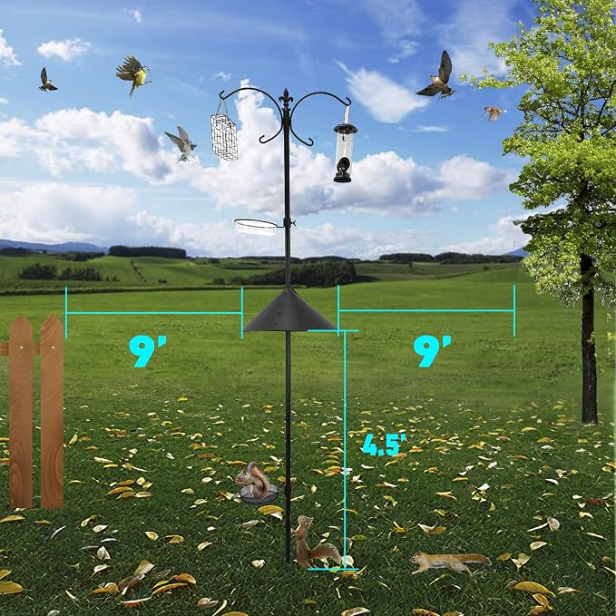 EasyGo Product Squirrel Proof Bird Feeder Wild Bird Station - Powder Coated 81 Inch Steel Pole Squirrel Baffle 4 Bird Feeders 1 Squirrel Peanut Feeder - 5 Prong Base PATENTS PENDING