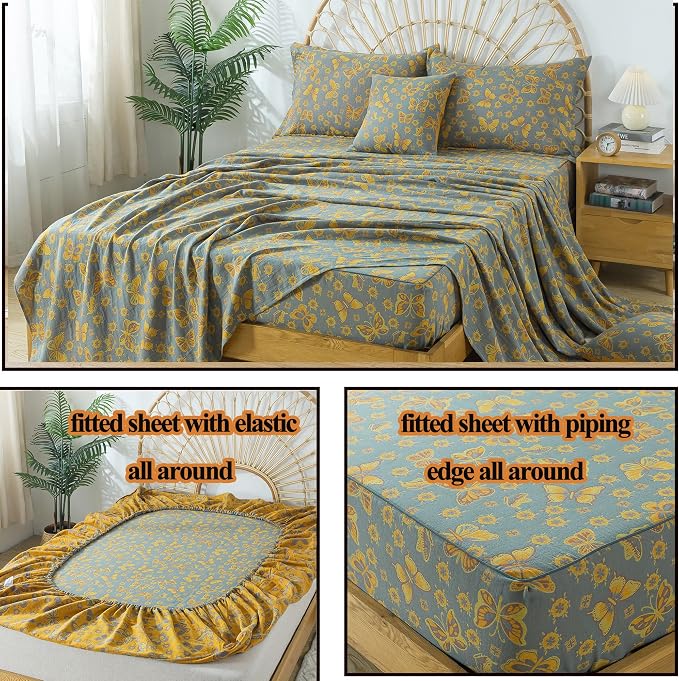 FADFAY Butterfly Sheets Set Queen Vintage Yellow Grey Floral Bedding Shabby Farmhouse Bedding Super Soft Washed Double -Layer Muslin Sheets 100% Cotton Deep Pocket Fitted Sheet 4Pcs, Queen Size