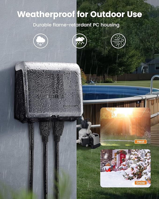 SURAIELEC WiFi Pool Timer for Above-Ground Pools, NEMA 5-15R Plug-in Timer with Dual Outlets, 15A 125V 1HP, Weatherproof PC Cover, Ideal for Pool Pumps, Filters, Lights and Salt Chlorination Systems