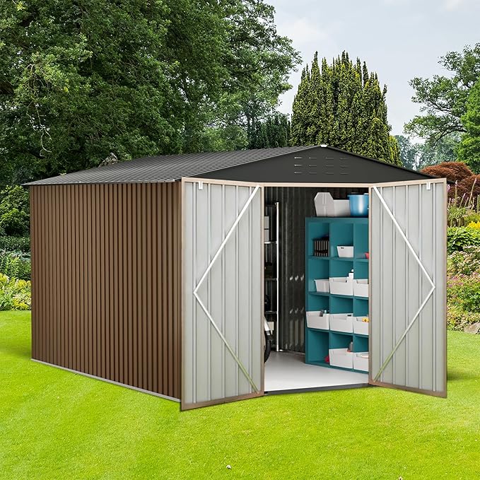 8x12 ft Metal Storage Shed, Outdoor Garden Tool Sheds with Sturdy Frame Structure, Large Metal Storage Shed with Lockable Door for Garden, Lawn, Backyard, Brown