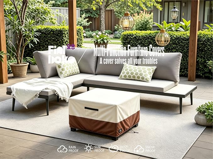 Patio Square Table Cover,22Wx22Dx18H Inches 100% Waterproof Heavy Duty Outdoor Coffee Table Cover,Beige&Brown Modern Style Outdoor Furniture Covers