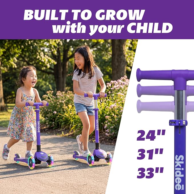 SKIDEE Kick Scooter for Kids Ages 3-5 | Foldable 3 Wheel Scooter with Lean-to-Steer, Adjustable Height, Removable Seat & LED Light Wheels | Toddler Scooter Up to 12 Year Old Boys/Girls