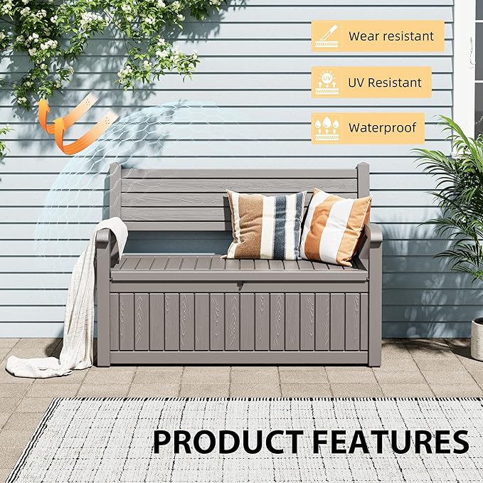 80 Gallon Lockable Deck Bench with Storage, Waterproof Outdoor Porch Bench, Resin Stripes Outdoor Storage Box for Cushions and Pool Supplies