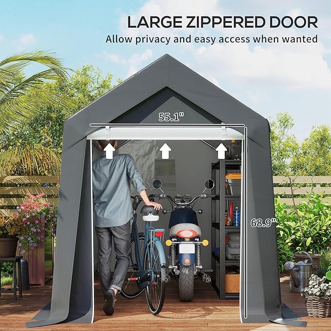 Outsunny 7' x 12' Portable Storage Shed Shelter, Heavy Duty Outdoor Shed, Waterproof Garden Storage Tent with Ventilation Window and Roll-up Zipper Door for Bike, Motorcycle, Garden Tools, Gray