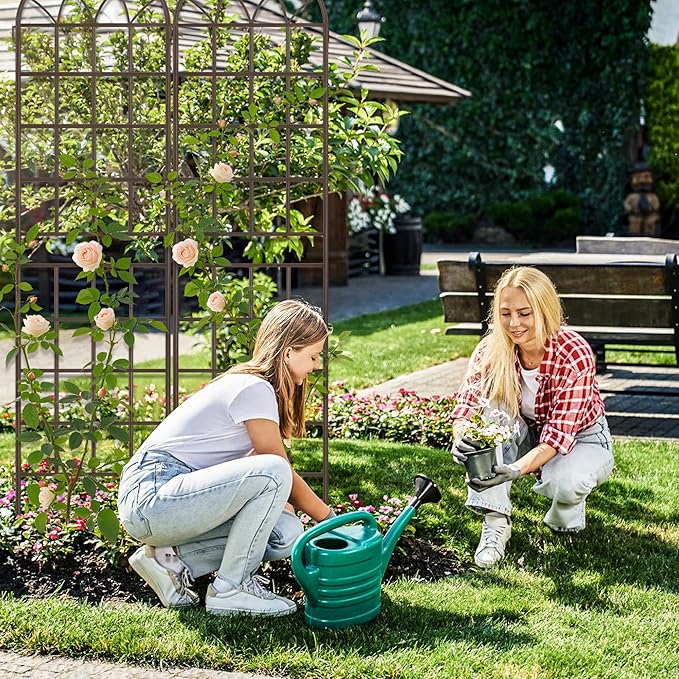 LZRS 2 Pack 83x20in Rustic Iron Arch Decoration Garden Trellis with Metal Coating – Perfect for Supporting Climbing Plants Outdoor, Roses, Vines, Flowers, and Vegetables, Brown