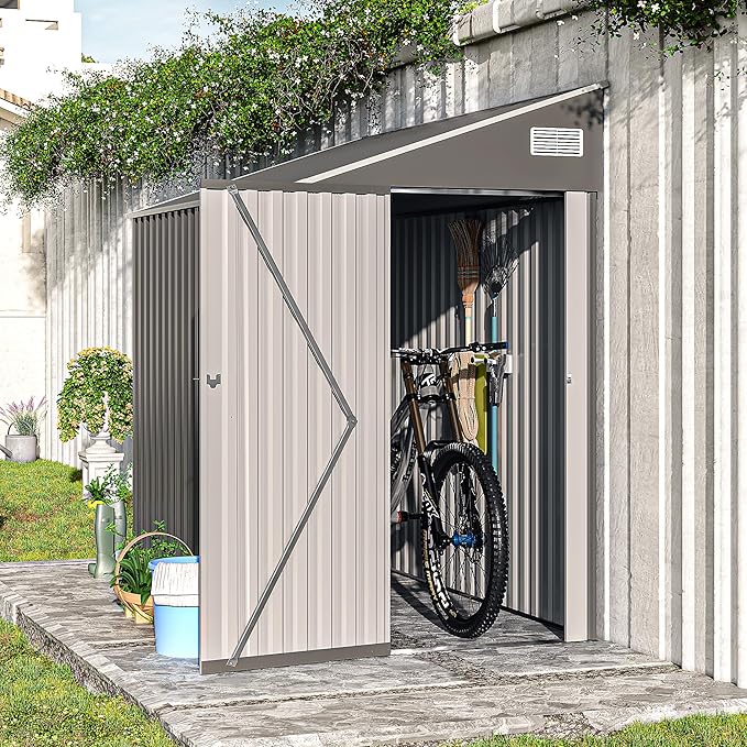 YOPTO 4x8 FT Outdoor Metal Storage Shed,Waterproof Lean to Tool Sheds,Heavy-Duty Unit with Single Hinge Side Door and Ventilation Windows,Weather Resistant,for Backyard,Patio,Lawn,Dark Gray