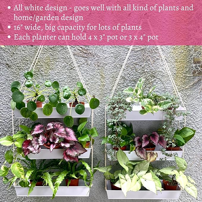 LaLaGreen Bundle- 2 Pack, 16 Inch Rectangular Metal Pot + 16 Inch Three Tier Hanging Planter Vertical Floating Large Shelf Indoor Outdoor Window Boxes Modern Boho Style Plant Holder Wall Mount Decor