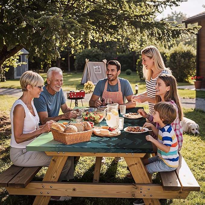 Fitted Waterproof Picnic Table Cover with Bench Covers Elastic Edges Camping Tablecloth for 8 Foot Rectangle Tables Camp Cooking Motorhome Hiking Equipment Car Rv Travel Trailer Needs Gifts