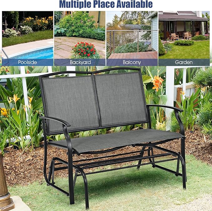 Giantex Patio Glider Benches for Outside, Swing Glider Chair with Steel Frame, 400 LBS Capacity, Patio Swing Rocker, 2-Person Loveseat for Backyard, Poolside, Lawn, Balcony, Porch Glider Bench(Gray)