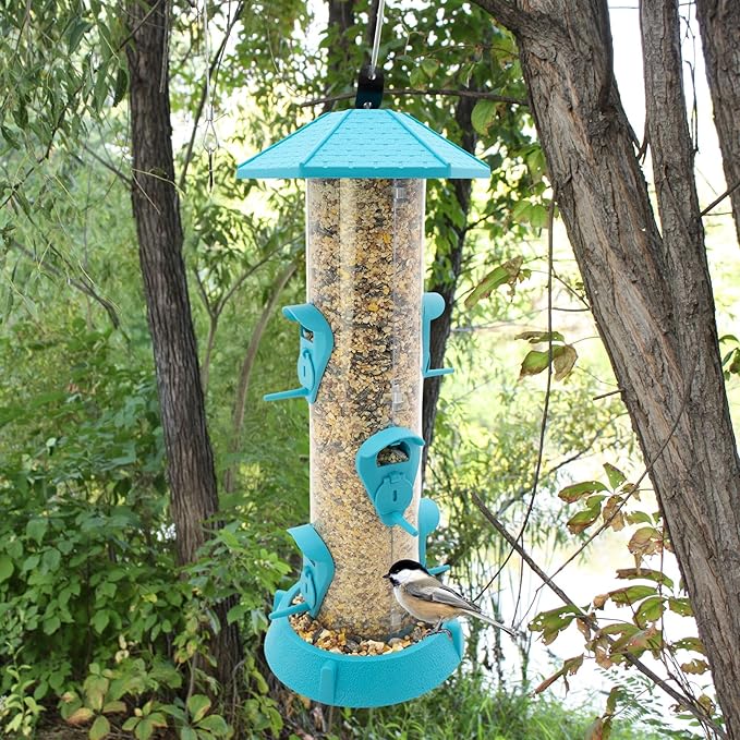 North States Village Collection - 2-in-1 Hinged-Port Birdfeeder Fiesta Blue: Hanging Bird Feeder for Outdoors, Holds 1.75 Pounds of Seed