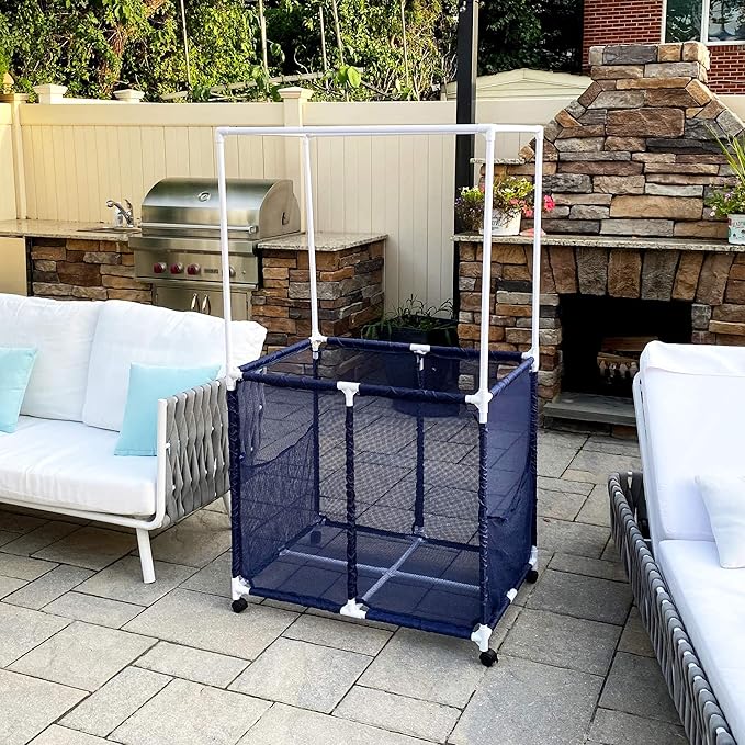 Pool Equipment Holder with Towel Drying Bars, Mesh Rolling Multi Use Storage Organizer Bin, Large Towel Hanger (25" L x 34.5" W x 62.6" H), Blue/White