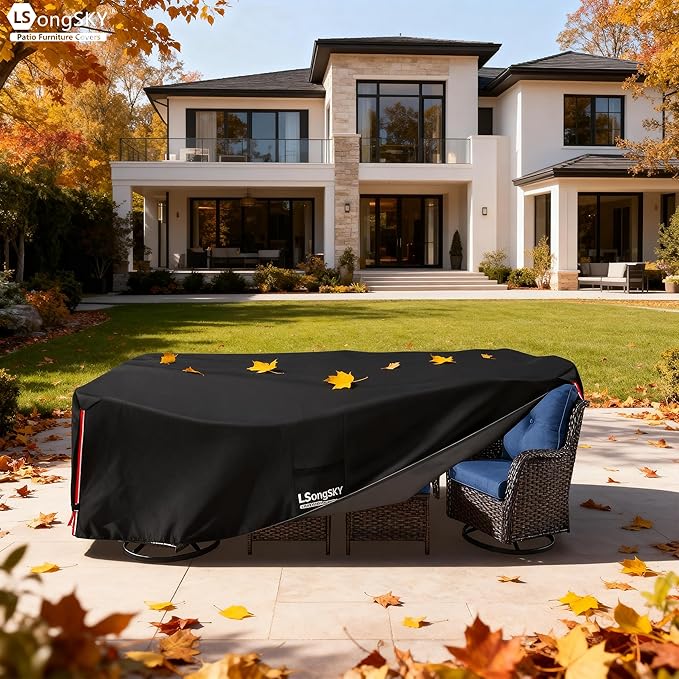 Outdoor Furniture Covers Waterproof,600D Heavy Duty Patio Cover for 5 PCS Sets Sectional Sofa Couch Dining Rocking Swivel Chairs Ottomans Coffee Table,88L x 62W x 28H inch Black