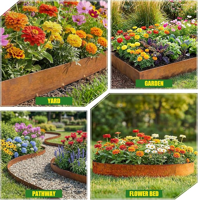 33ft. Metal Edging for Landscaping, 10 Pack 4.5 Inch Rusted Cor-Ten Steel Landscaping Edging with Gloves, Bendable Hammer-in Outdoor Steel Garden Edging for Garden, Yard (40" L x 4.5" H Each)