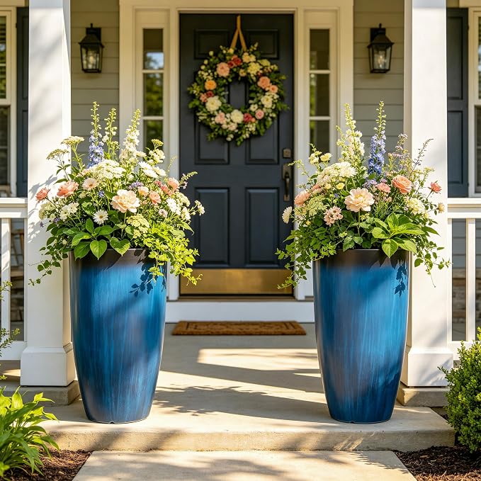 23.75" Round Tall Planters, 2-Pack Large Flower Pots for Indoor Outdoor Plants, UV-Protect PP Container for Garden Patio Yard Balcony Porch or Home Decor, Artistic Floating Cobalt Blue Glaze